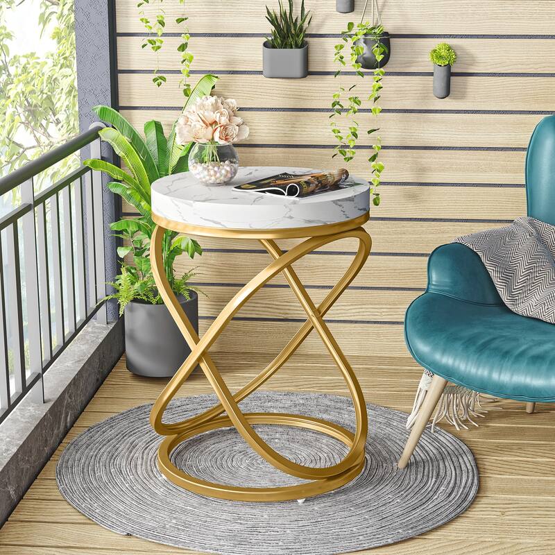 Round End Table, Faux Marble Side Table, Sofa Nightstand Bedside Table for Living Room, Bedroom - White+Gold