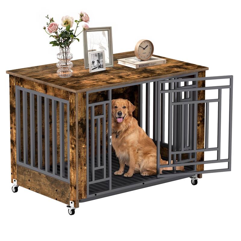 Dog Crate 32"/36" Furniture Wooden Side End Table with Wheels And Tray