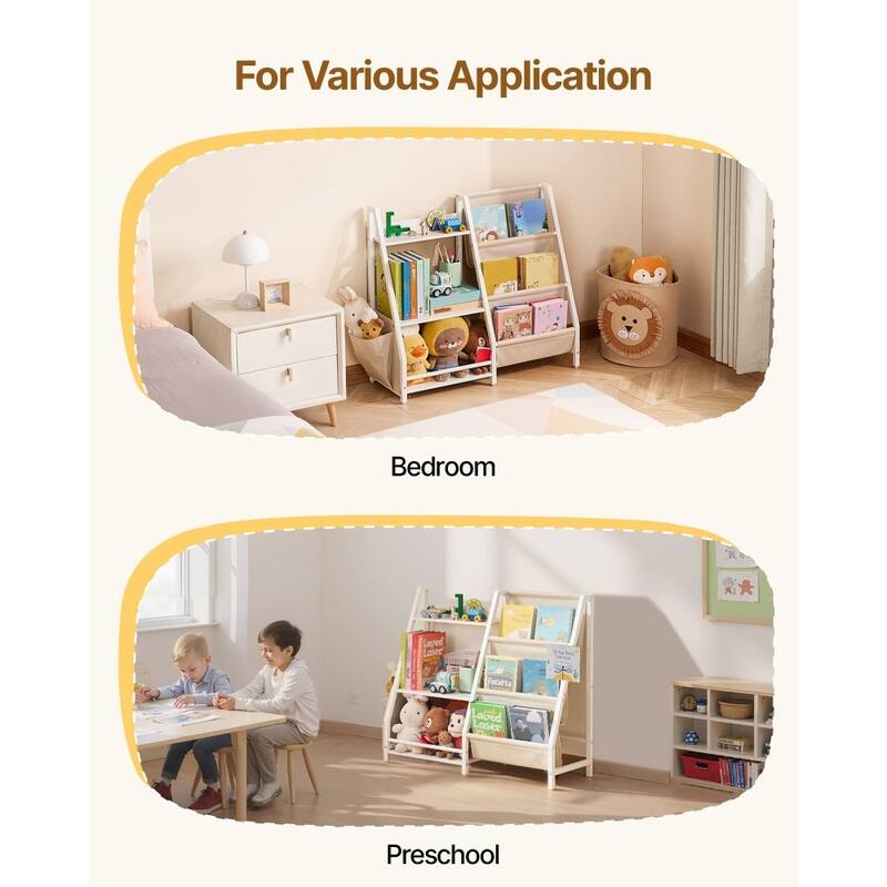 White-Beige Kids Bookshelf and Toy Storage Organizer with 7 Compartments - 33.46 x 11.81 x 29.72 in