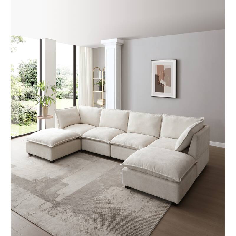 Chenille Upholstered Sectional Sofa with 2 Ottoman Chaise Lounge and Throw Pillows, Deep Seat Sleeper Cloud Couches, 4 Seat
