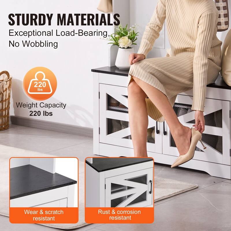 Hall Tree Bench with Shoe Storage and Hooks for Entryway or Mudroom - / 42.24” x 16.44” x 67.2”