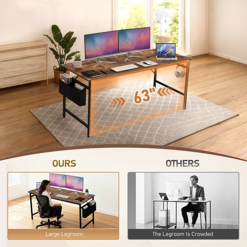 63” Computer Desk for Home Office ,Study Writing Desk with Storage, Side Hooks & Adjustable Feet