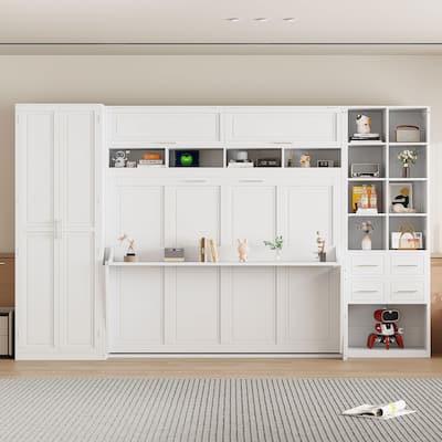 Queen Size Murphy Bed with Built-In Wardrobe and Storage Drawers - Space-Saving Foldable Design