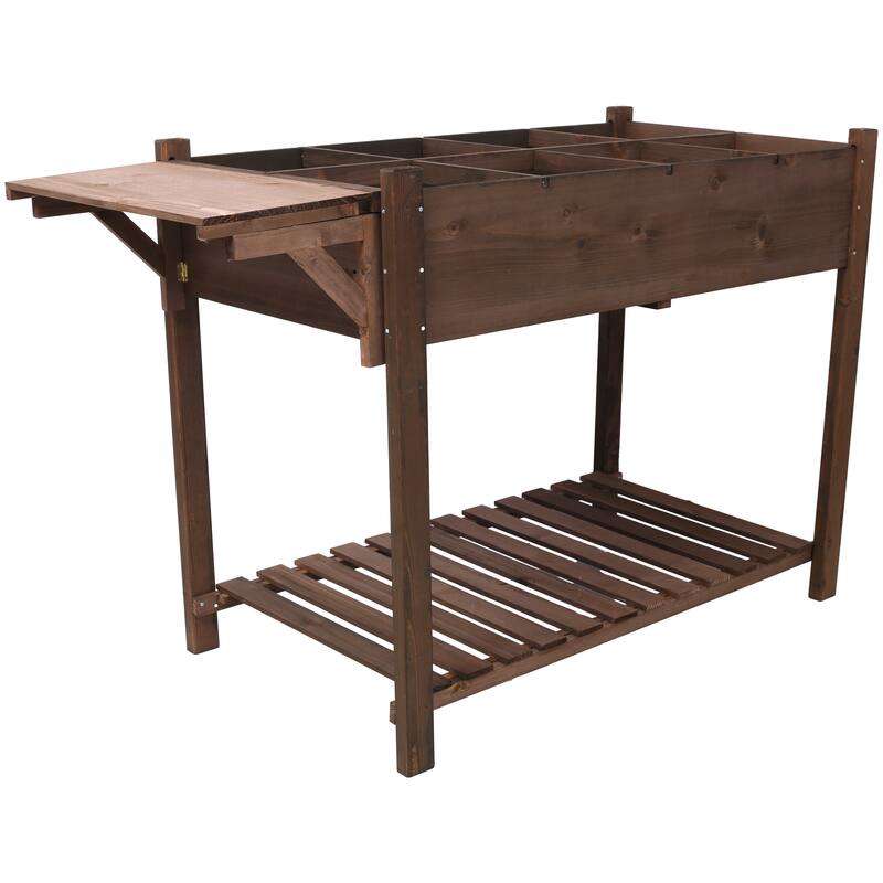 Country Rustic Style Garden Bed with Foldable Side Table and Storage Shelf, for Herb Vegetables Flowers Outdoor Gardening