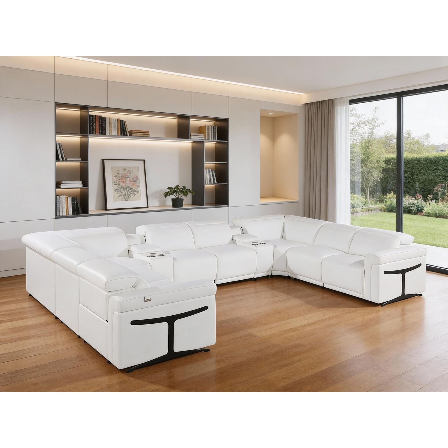 HomeRoots White Italian Leather Power Reclining U Shaped Ten Piece Corner Sectional With Console