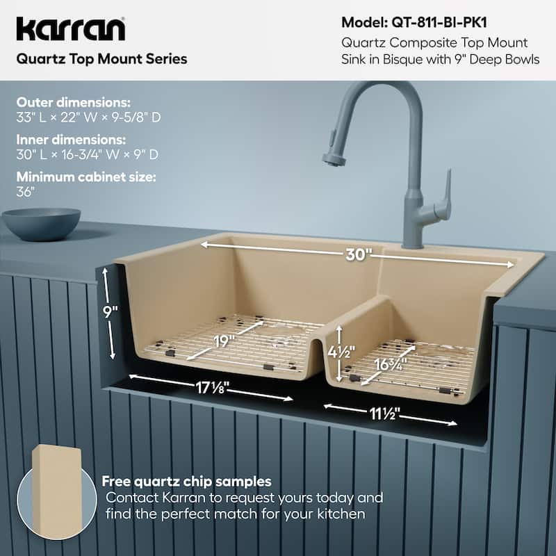 Karran 33" Top Mount Large/Small Bowl Quartz Kitchen Sink Kit - 33" x 22" x 9"