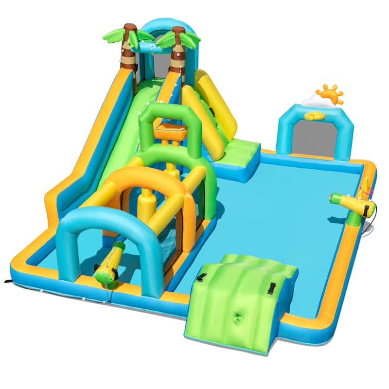 Large Outdoor Inflatable Water Park Slide with Climbing Ramp Basketball Hoop and Ring Toss for Kids