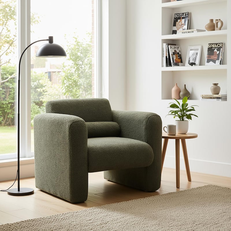 Homy Lin Plush Teddy Accent Chair: Modern Cozy Lounge Seat for Living Room & Bedroom, Upholstered Boucle Armchair with Pillow - Green