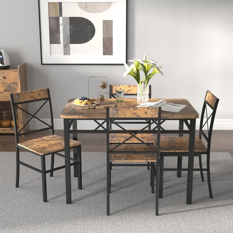 Kitchen Table Set for 4, Dining Table and Chairs, Rectangular Dining Room Table Set with 4 Metal and Wood Chairs