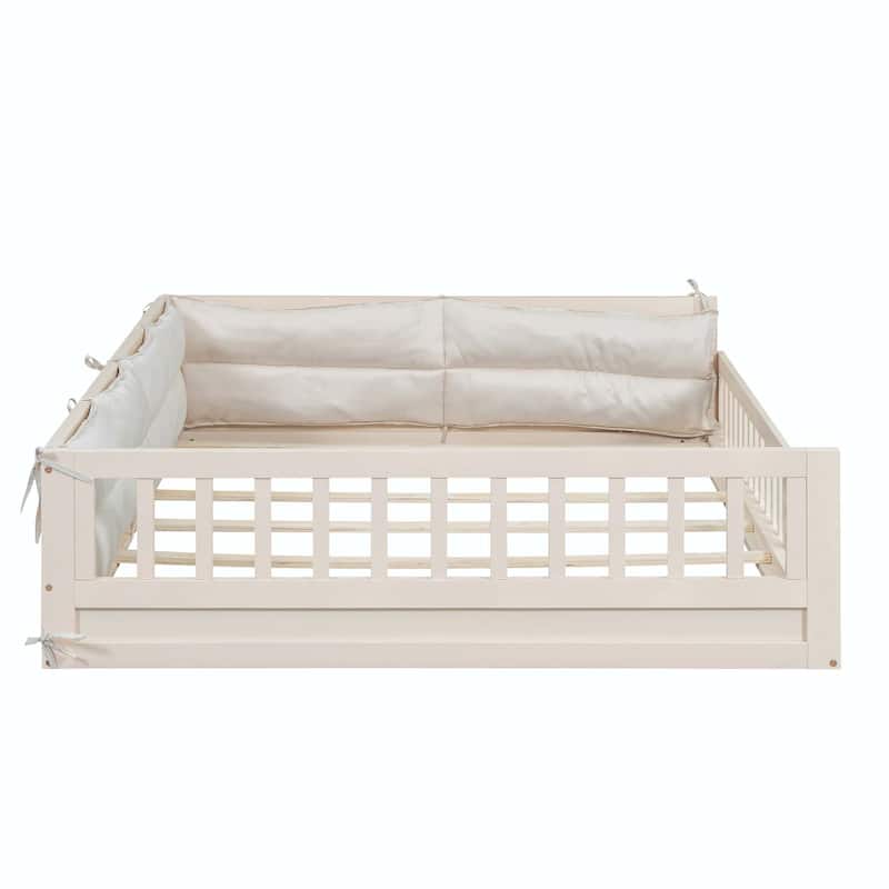 Wood Full Size Upholstered Platform Bed with Guardrail and Pillow