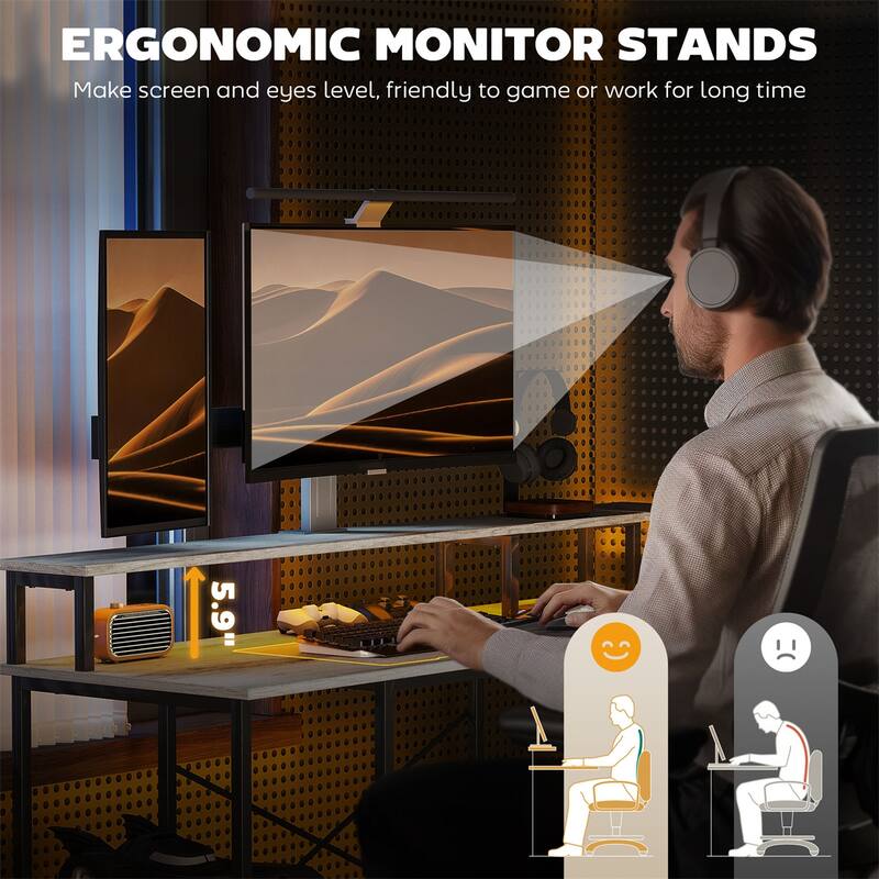 Shaped Desk with RGB LED Light USB Charging Ports Ergonomic Monitor Stands and Storage Shelves Sturdy Corner Office Workstation