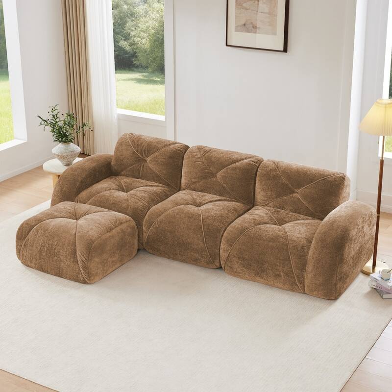 110.6" L-Shaped Velvet Sectional Boneless Sofa with Movable Ottoman - Camel