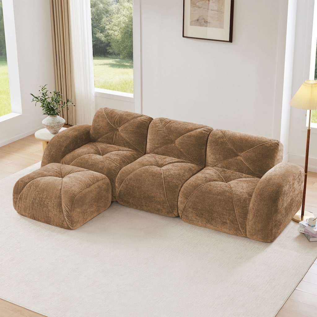 110.6" L-Shaped Velvet Sectional Boneless Sofa with Movable Ottoman