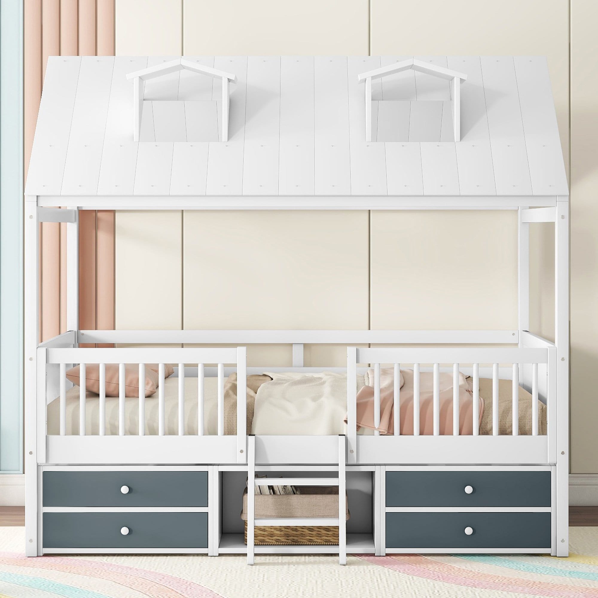 Full/Twin Size Wooden House Bed Frame with Roof, Ladder, Ample Storage - Perfect for Kids' Room, Whimsical Design, Easy Access