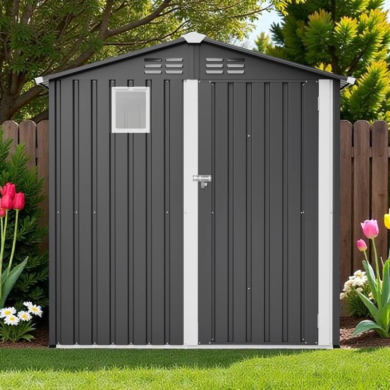 6 x 4 FT Outdoor Metal Storage Shed, Lockable Steel Tool Shed with Window, Waterproof Garden Storage