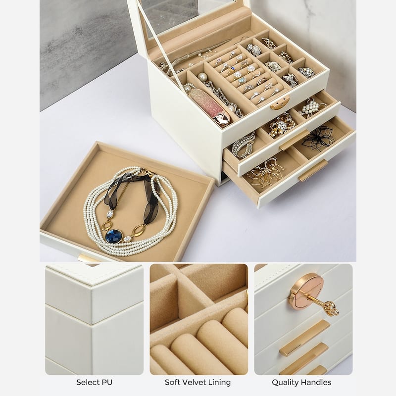 Modern White 4-Layer Jewelry Box with Glass Lid Jewelry Organizer with 3-Drawer - N/A