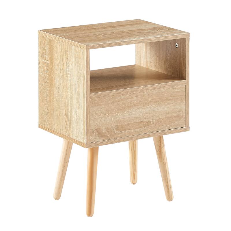 Anmytek Mid Century Nightstand Rattan Natural Bedside Table with Drawer and Solid Wood Legs