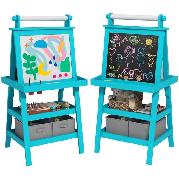 slide 2 of 10, Qaba Easel for Kids, Double Sided Kids Art Easel with Paper Roll, Magnetic Whiteboard, Chalkboard & Storage - Blue Blue