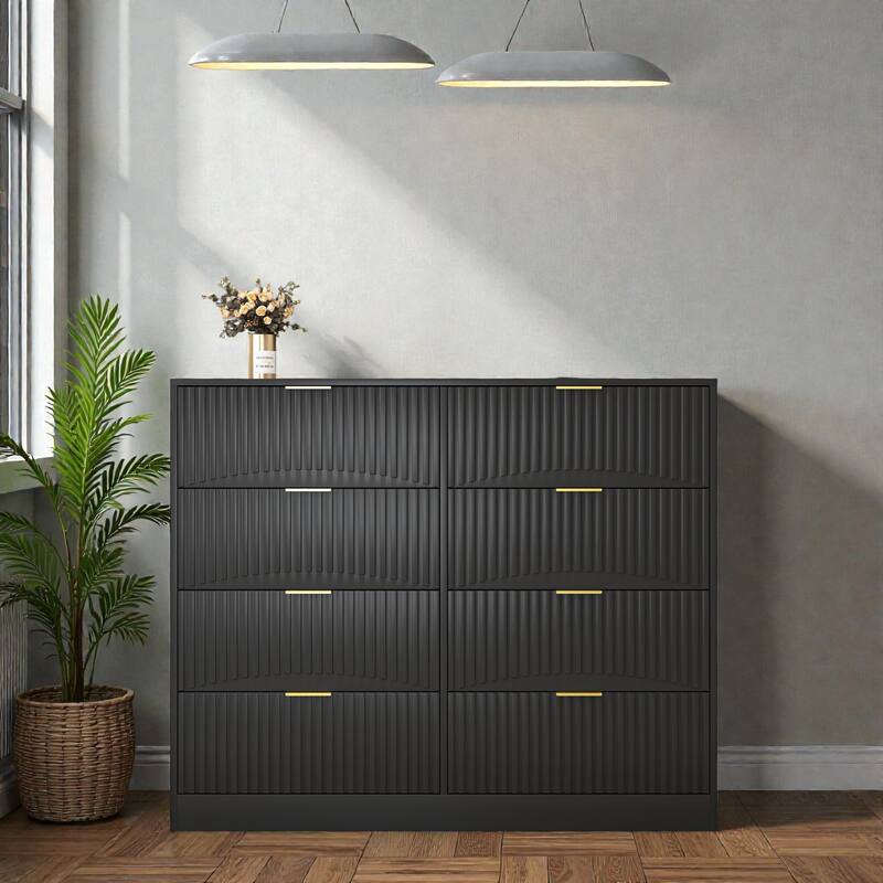 Modern 8 Drawer Dresser with Gold Metal Handles, 47.2 Inch Wide Wood Chest of Drawers for Bedroom Living Room - Black