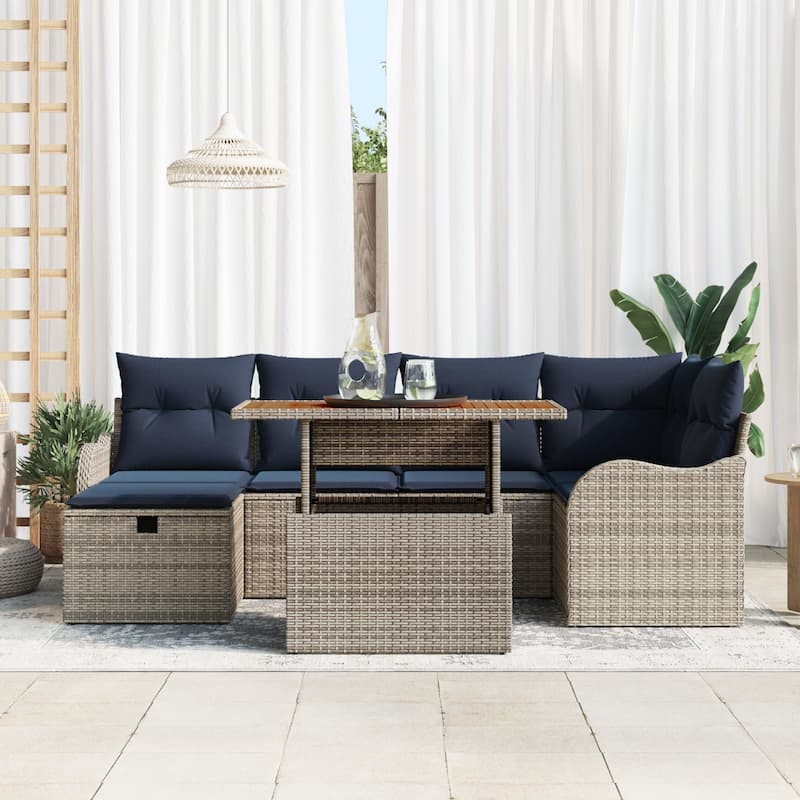 vidaXL 7 Garden Sofa Set with Cushions Black/Grey Poly Rattan - 91.5 x 48.2 x 27.2