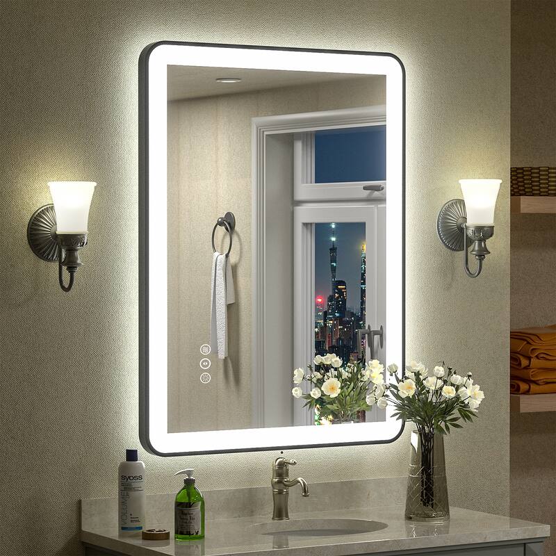 KIOTEE Rectangular Framed Front & Back LED Lighted Anti-Fog Tempered Glass Bathroom Vanity Mirror with ETL and 3-Year Warranty - 28x20