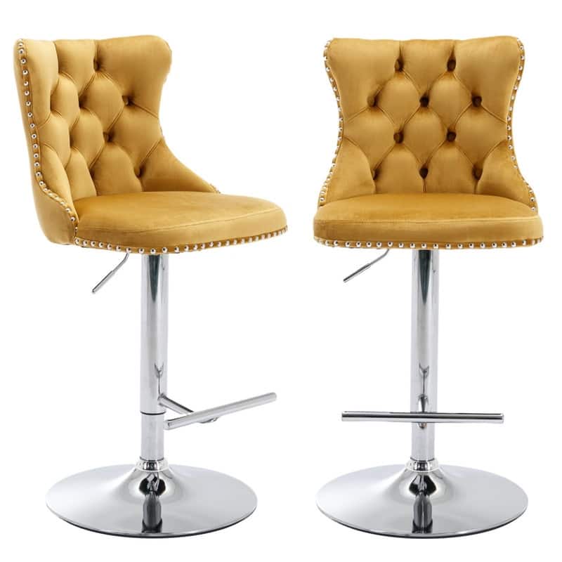 Velvet Upholstered Nailheads Tufted Swivel Bar Stools (Set of 2)