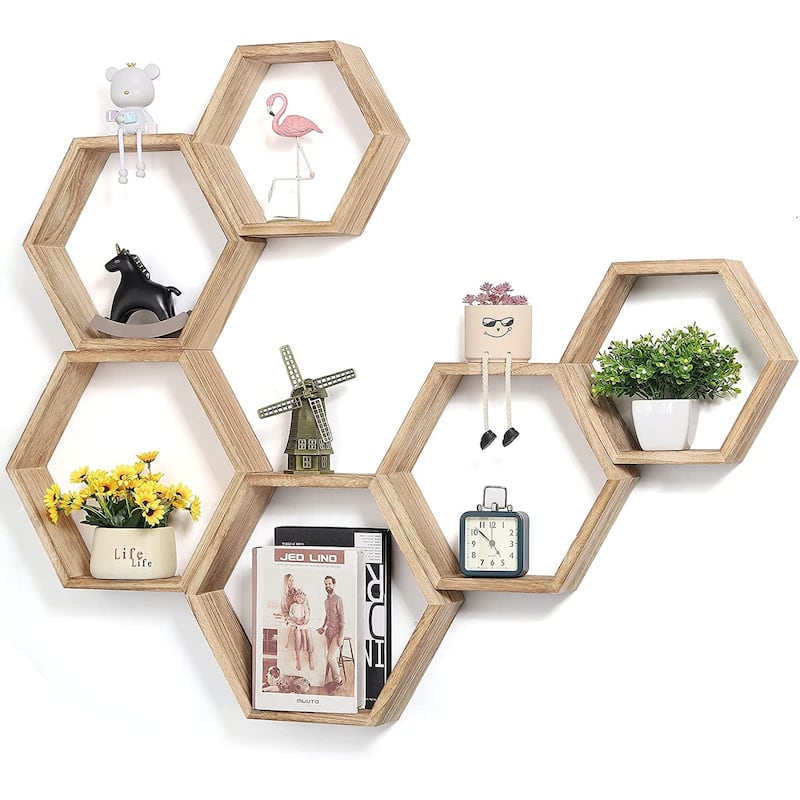 Set of 6 Wooden Hexagon Rustic Floating Shelves in Deep Natural Wood - Khaki