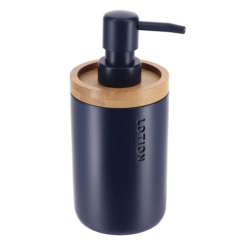 Elegant Soap Dispenser - Polyresin and Bamboo Design, Refillable Liquid Pump - 3 L x 3 W X 7 h