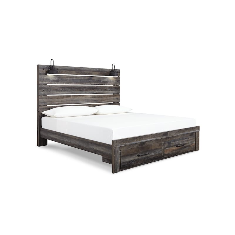 Drystan Rustic Brown Panel Bed with Footboard Storage Drawers