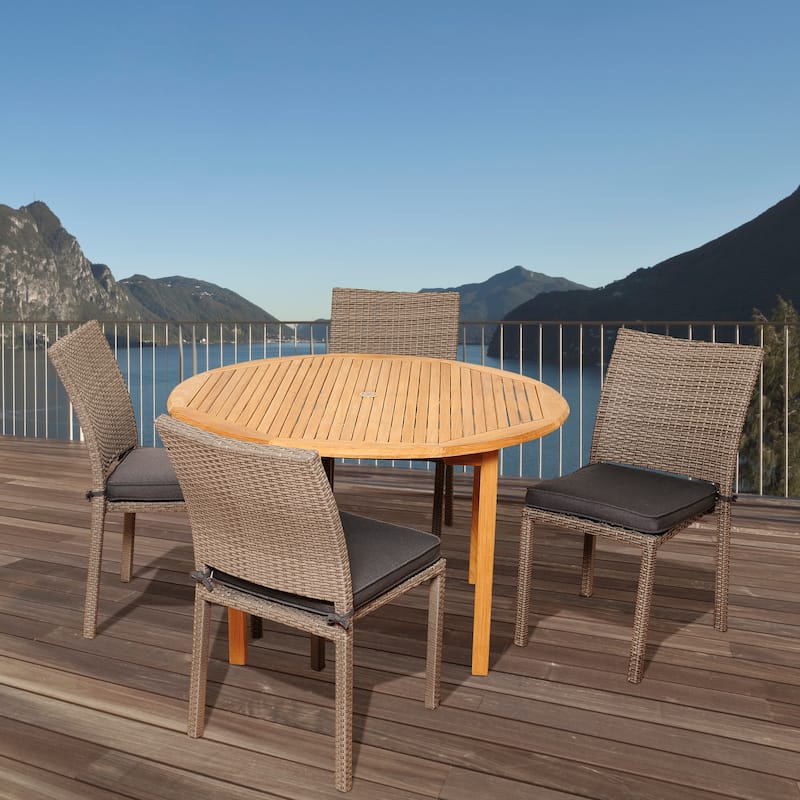 Amazonia Teak Amanda 5-piece Teak and Wicker Dining Set - 5 Piece - Side Grey Chairs w/ Grey Cushions