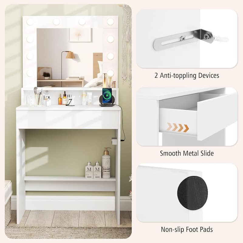 Small Vanity Desk w/ Mirror & Lights Compact Dressing Table