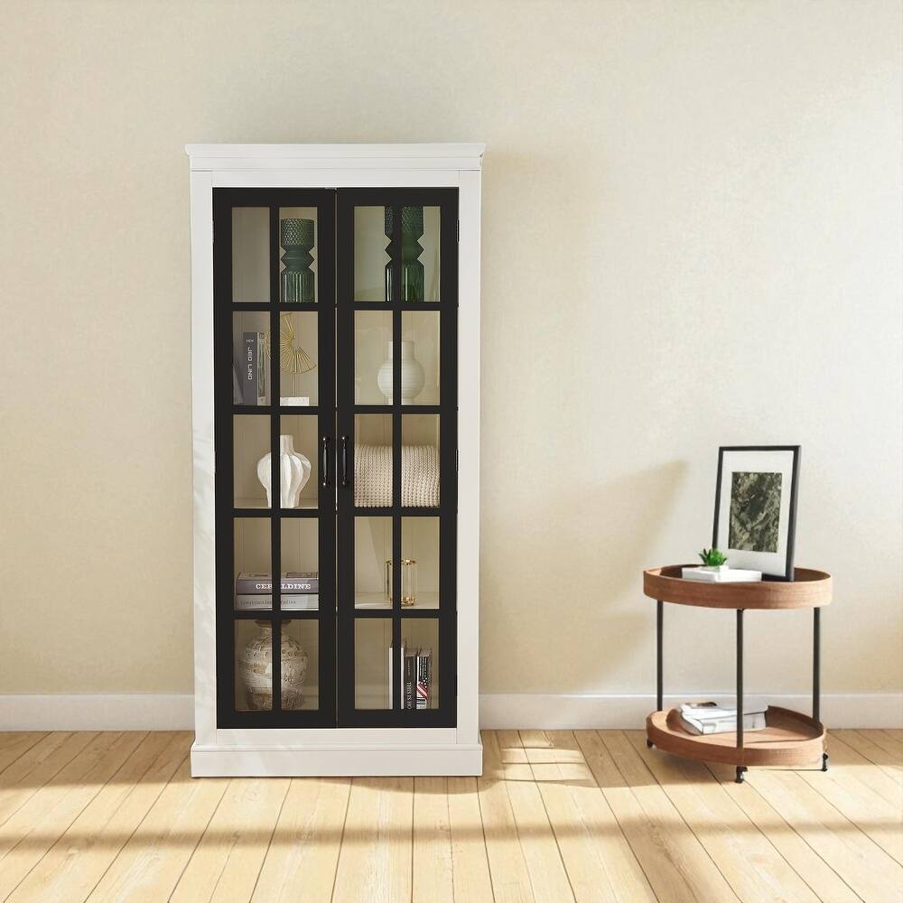 71.2" Farmhouse Pantry Cabinet with Glass Doors, Adjustable Shelves, and Lattice Window Display
