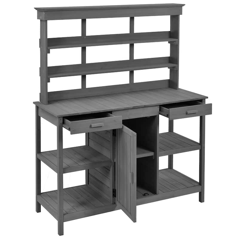 Roomfitters 66" Large Farmhouse Outdoor Potting Bench Table with 2 Drawers, Cabinet and Open Shelves, Gray