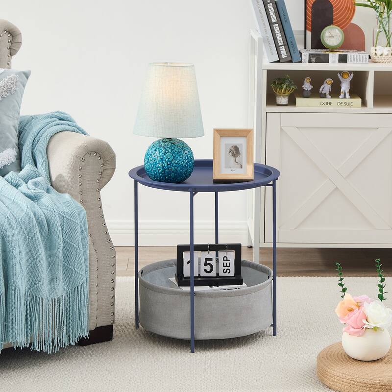 VECELO Small Round Side Table with Removable Tray & Fabric Storage Bin Easy 5-Min Assembly for Living Room Bedroom - Blue