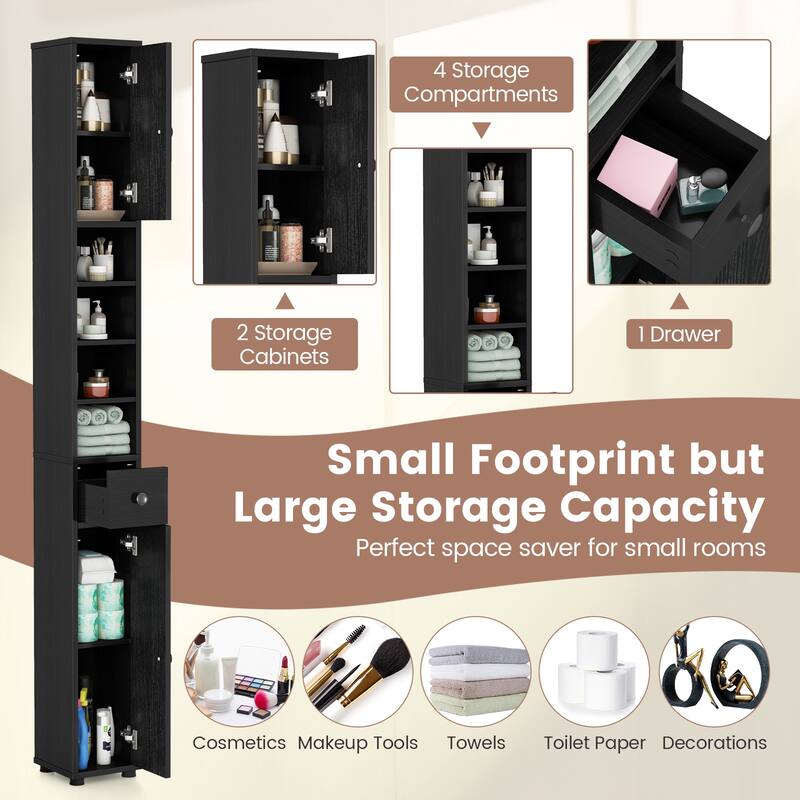 Narrow Freestanding Storage Cabinet for Bathroom Kitchen or Living Room Organization - 8" x 8" x 71"