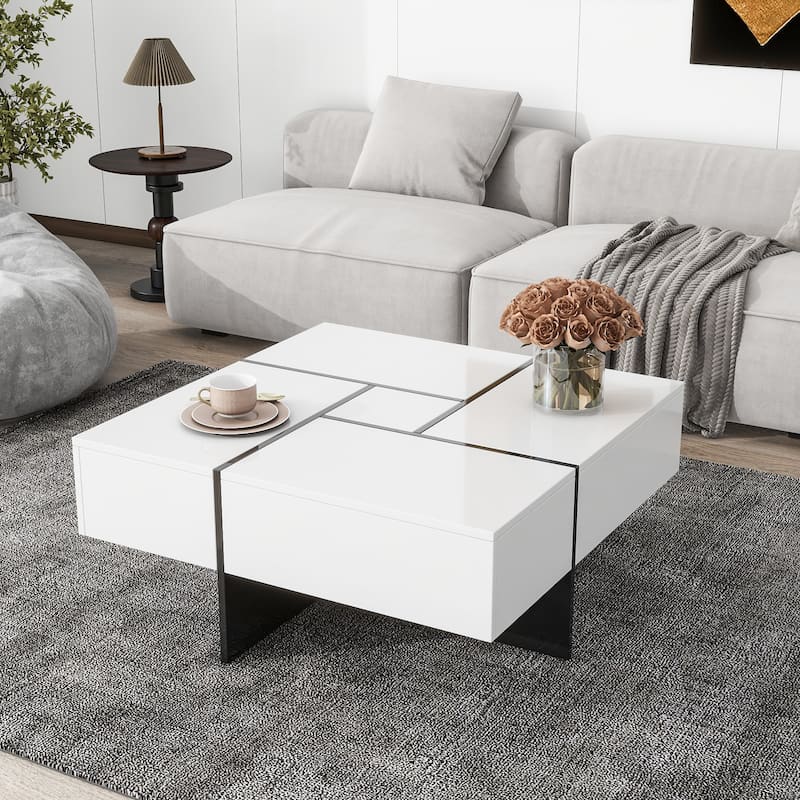 Roomfitters Square Coffee Table with Hidden Storage, Modern High Gloss Center Table with Extendable Sliding Top