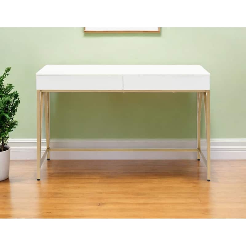 50" White and Gold Writing Desk With Two Drawers - White