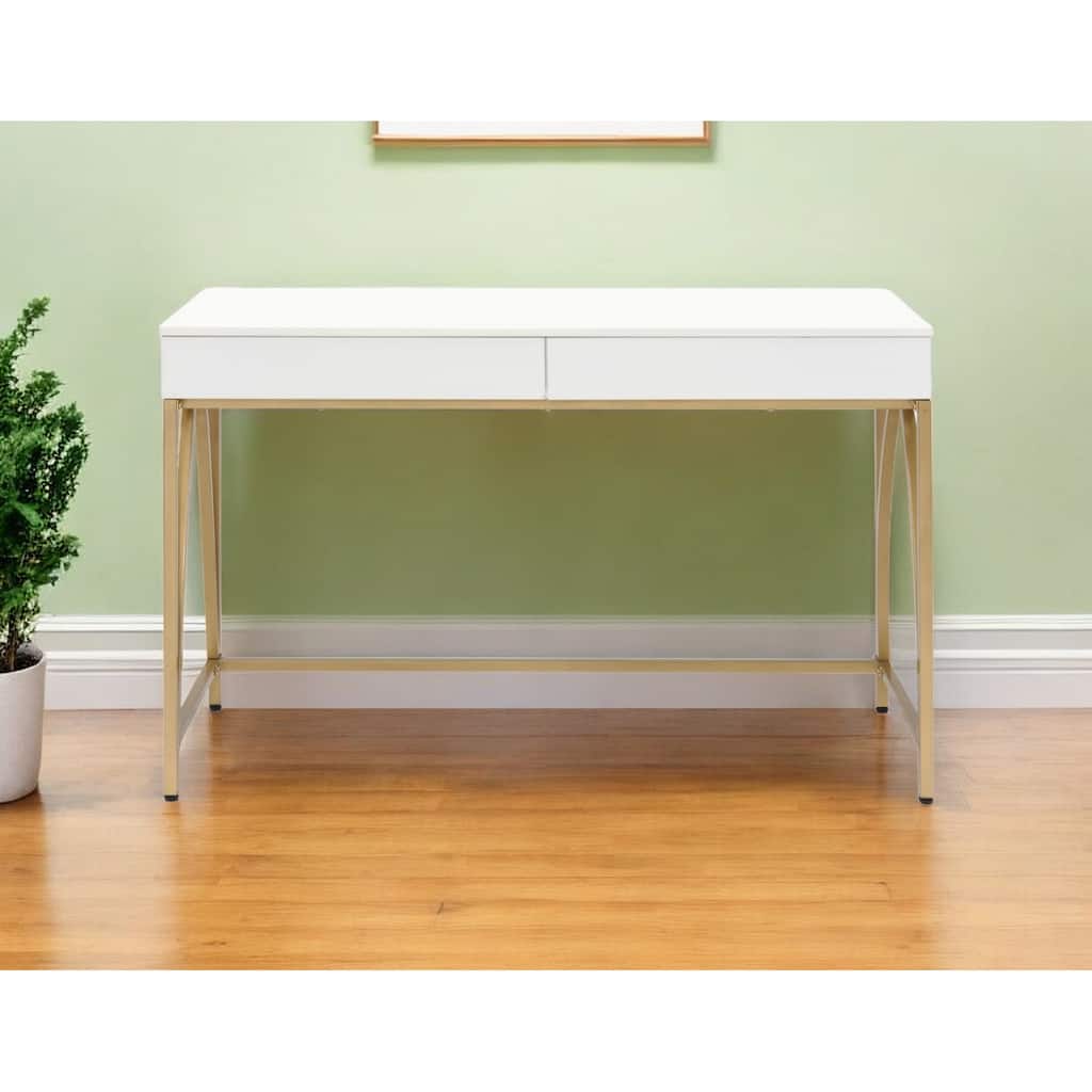 50" White and Gold Writing Desk With Two Drawers