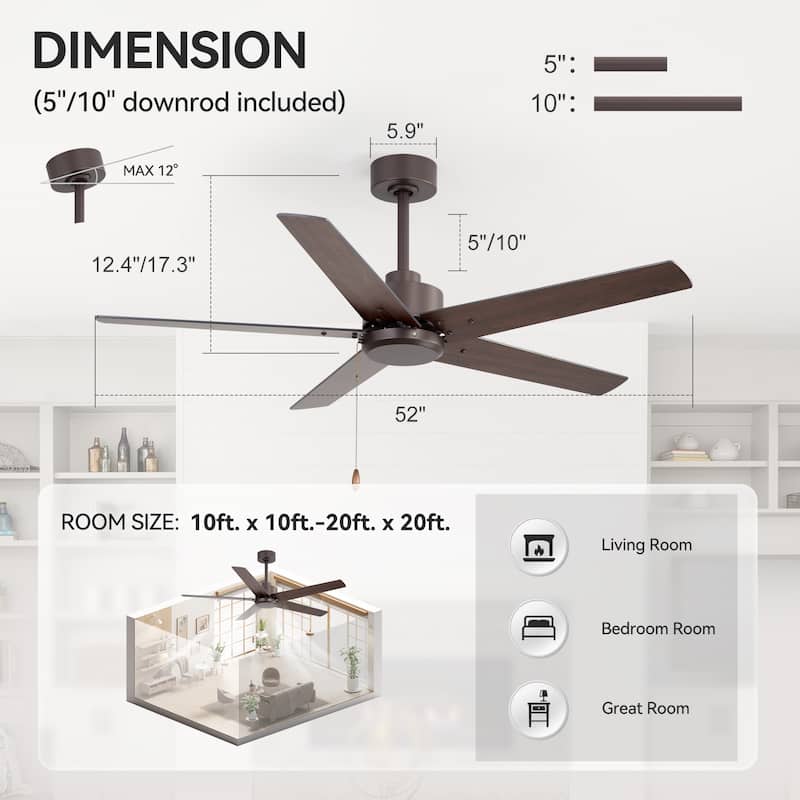 52" Indoor Traditional 5-Blade Ceiling Fan No Light with Pull Chain