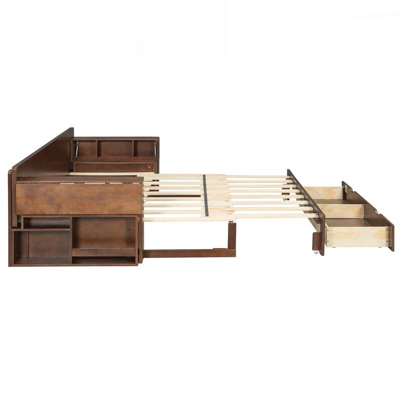 Queen Size Daybed with Removable Desk, Storage Drawers & Hydraulic Side Table