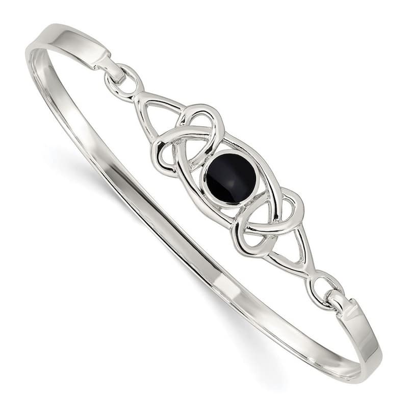 Curata 925 Sterling Silver Celtic Black Onyx Hook Bangle Bracelet