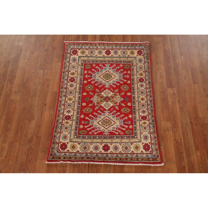 Red Geometric Kazak Accent Rug Handmade Oriental Wool Carpet - 2'11"x 4'3"