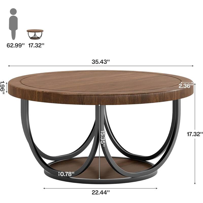 35.4" Round Wooden Circle Accent Cocktail Table with Storage Shelf - 35.4"L x 35.4"W x 17.3"H
