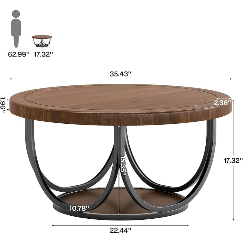 Round Coffee Table with 2 Tiers Storage, 35.4" Wooden Cocktail Table