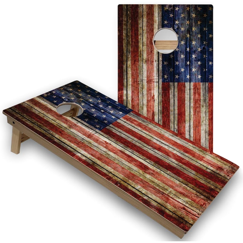 American Flag Rustic Cornhole Boards with Case & Lights - 16 Years and Up