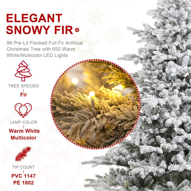 Glitzhome 7.5ft/9ft Pre-Lit Flocked Full Fir Artificial Christmas Trees with Foot Pedal