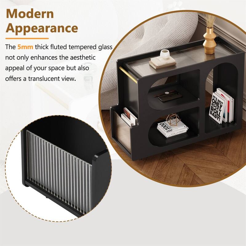 Mobile End Table with Thick Fluted Tempered Glass, Narrow Side Table with Lockable Wheels and Open Storage Compartments