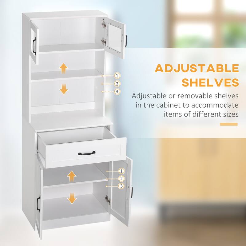 White Kitchen Pantry Cabinet with Glass Doors and Adjustable Shelves Drawer and Counter Space - 23.5" W x 15" D x 63.5" H