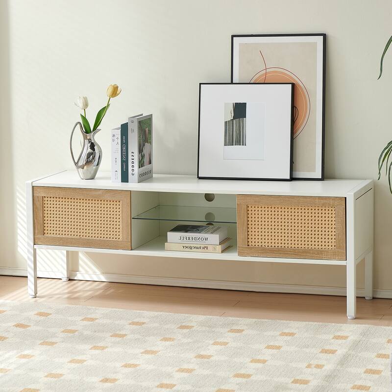 54.33" Rattan TV cabinet with variable color light strip, double sliding doors for storage, adjustable shelf, metal legs - White