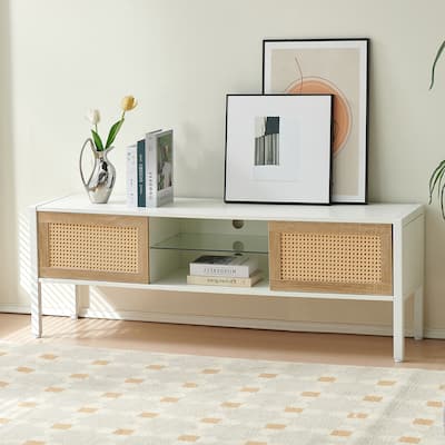 54.33" White Rattan TV Cabinet with LED Light Strip, Sliding Doors & Adjustable Shelf